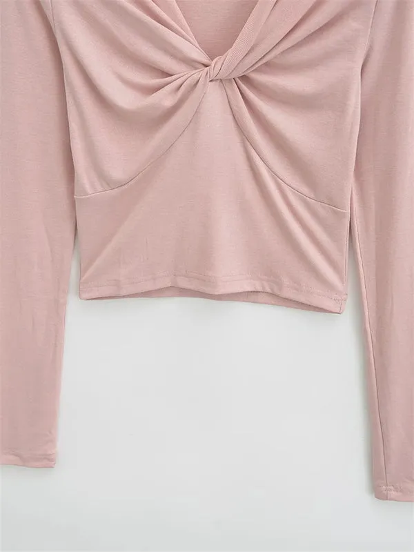 Long Sleeves Skinny Pleated Solid Color Split-Joint V-Neck T-Shirts