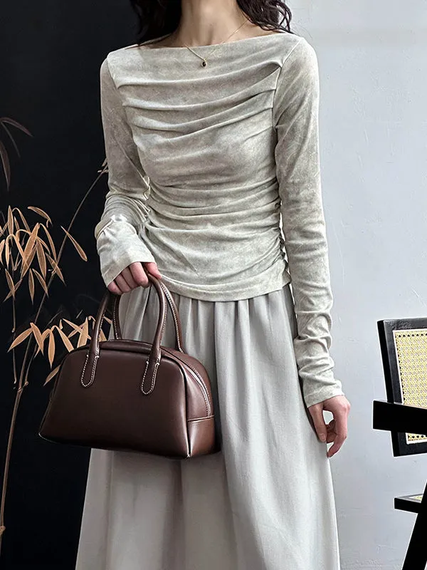 Long Sleeves Skinny Pleated Split-Joint Boat Neck T-Shirts