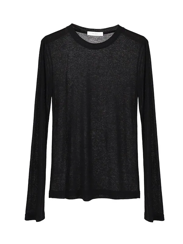 Long Sleeves Skinny See-Through Solid Color Round-Neck T-Shirts