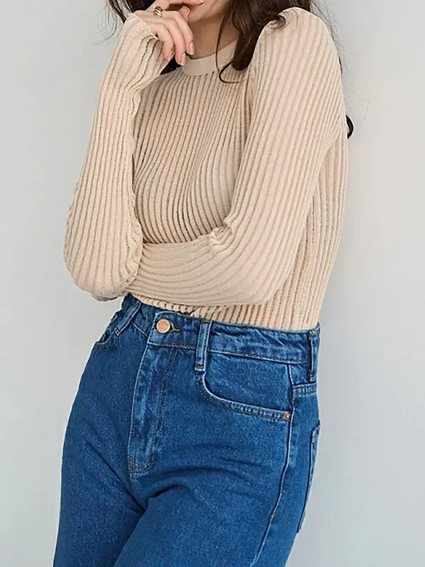 Long Sleeves Skinny See-Through Split-Joint Round-Neck T-Shirts