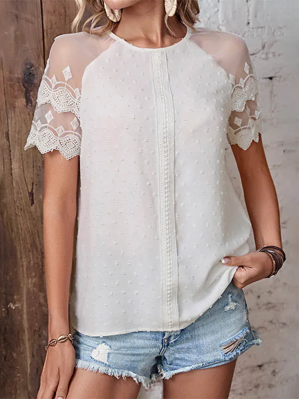 Loose Lace Short Sleeves See-Through Split-Joint Round-Neck T-Shirts Tops