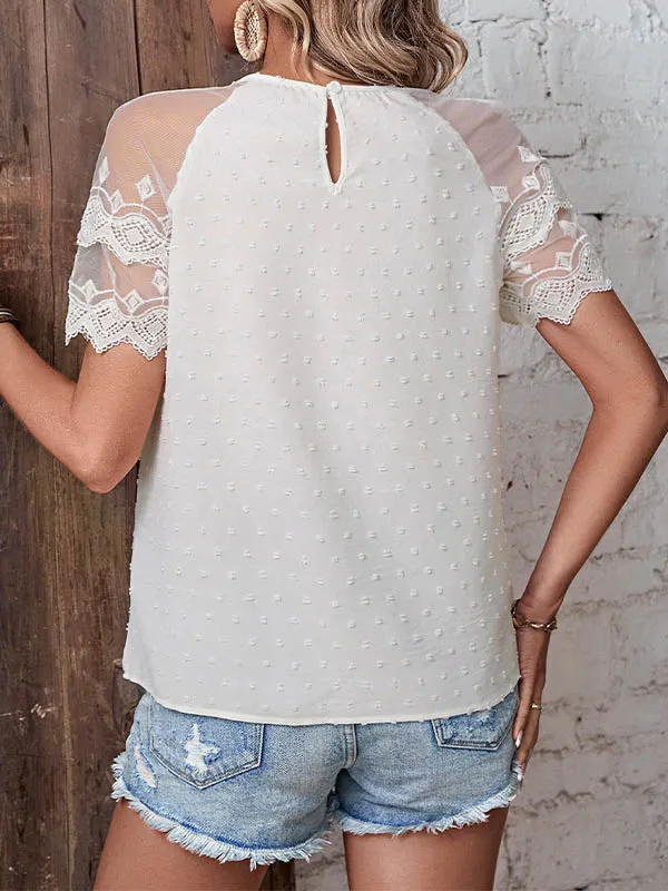 Loose Lace Short Sleeves See-Through Split-Joint Round-Neck T-Shirts Tops