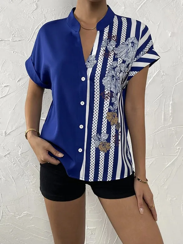 Loose Short Sleeves Buttoned Contrast Color Flower Print Striped V-Neck Blouses&Shirts Tops