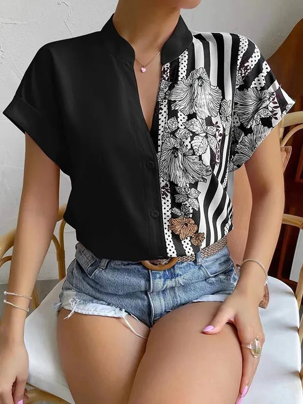 Loose Short Sleeves Buttoned Contrast Color Flower Print Striped V-Neck Blouses&Shirts Tops