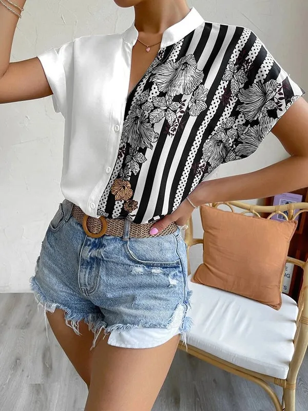 Loose Short Sleeves Buttoned Contrast Color Flower Print Striped V-Neck Blouses&Shirts Tops
