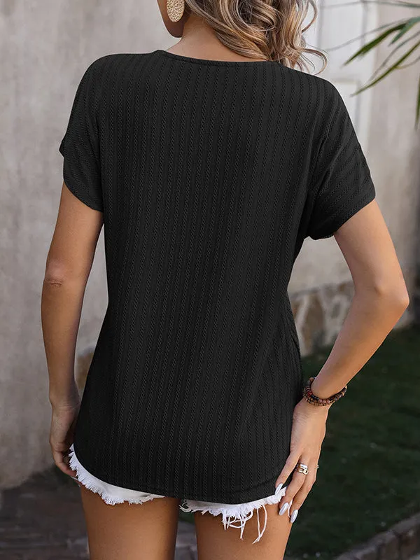 Loose Short Sleeves Jacquard Solid Color V-Neck T-Shirts Tops