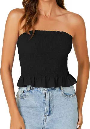 LYANER Women's Smocked Tube Tops Sleeveless Strapless Stretch Bustier Bandeau Crop Top