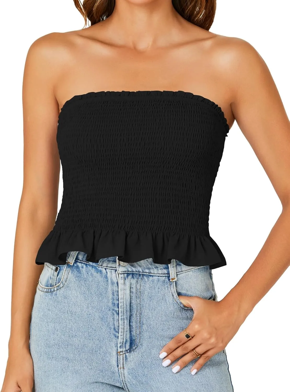 LYANER Women's Smocked Tube Tops Sleeveless Strapless Stretch Bustier Bandeau Crop Top