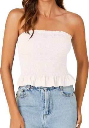 LYANER Women's Smocked Tube Tops Sleeveless Strapless Stretch Bustier Bandeau Crop Top