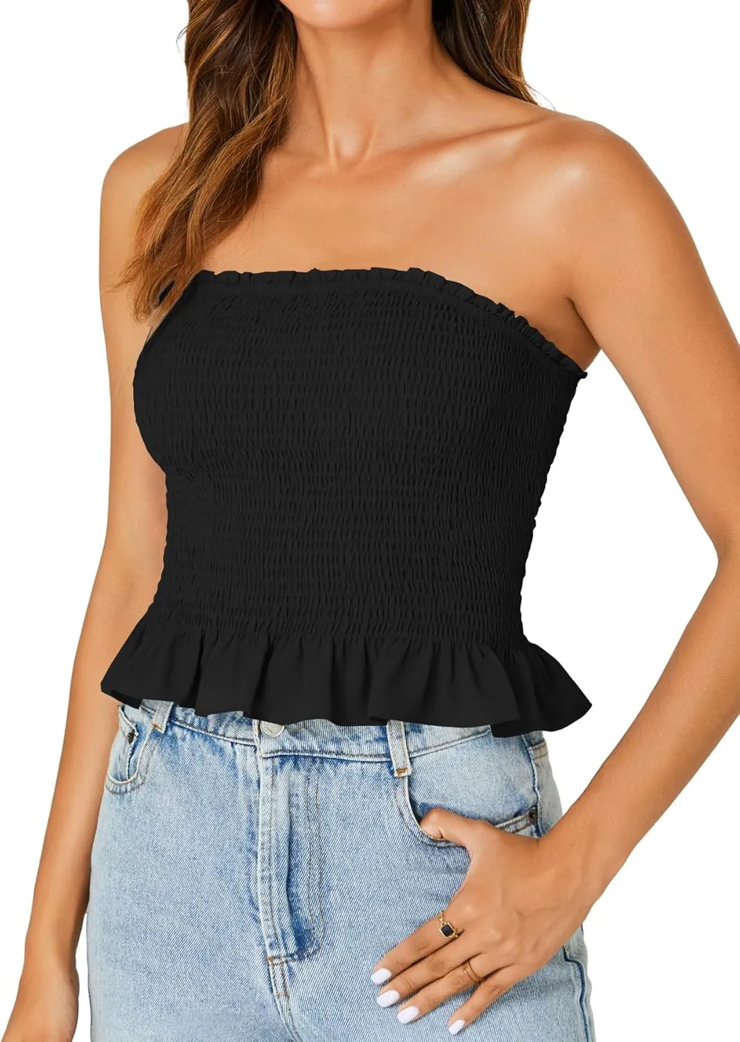 LYANER Women's Smocked Tube Tops Sleeveless Strapless Stretch Bustier Bandeau Crop Top