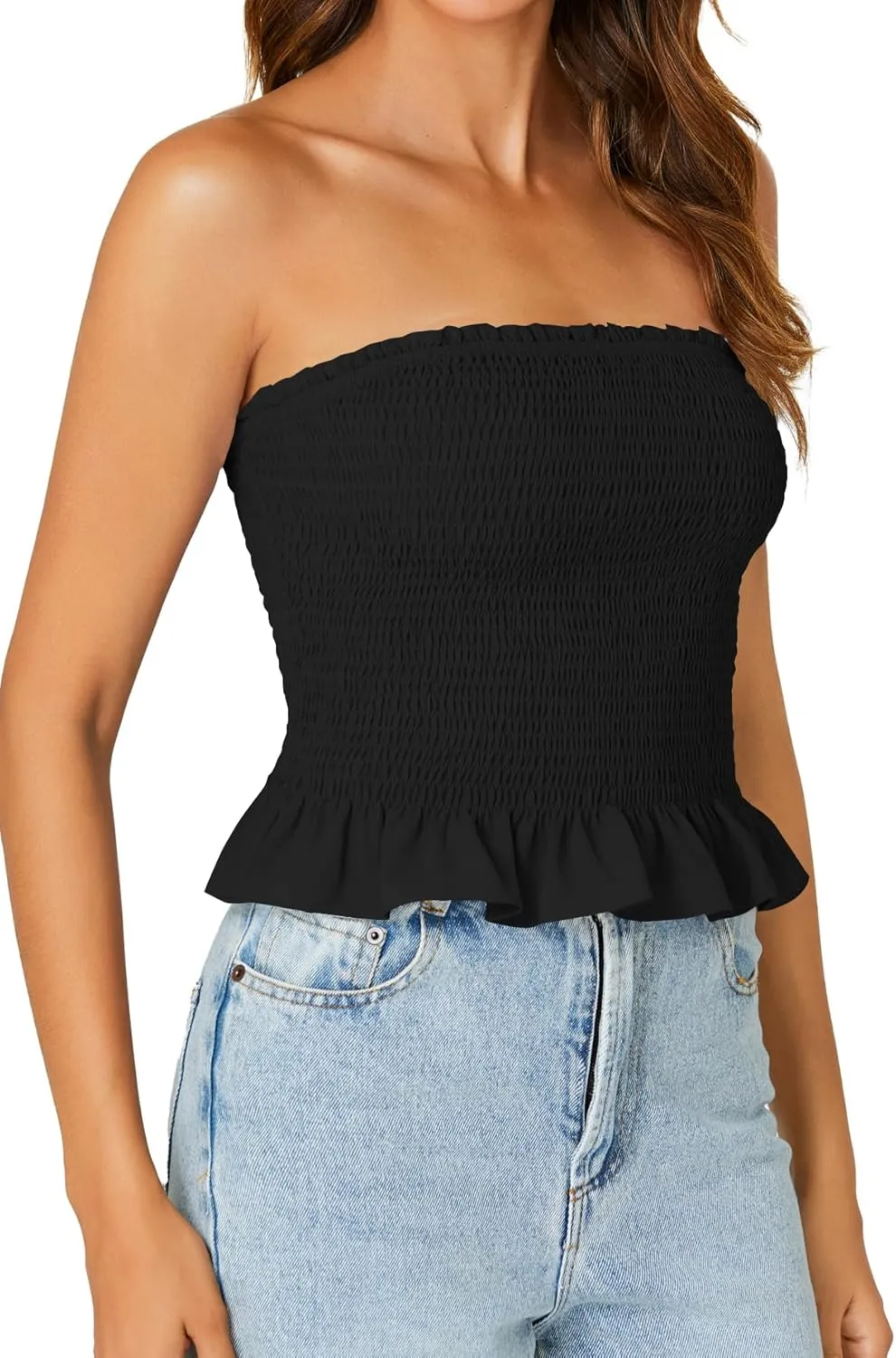 LYANER Women's Smocked Tube Tops Sleeveless Strapless Stretch Bustier Bandeau Crop Top