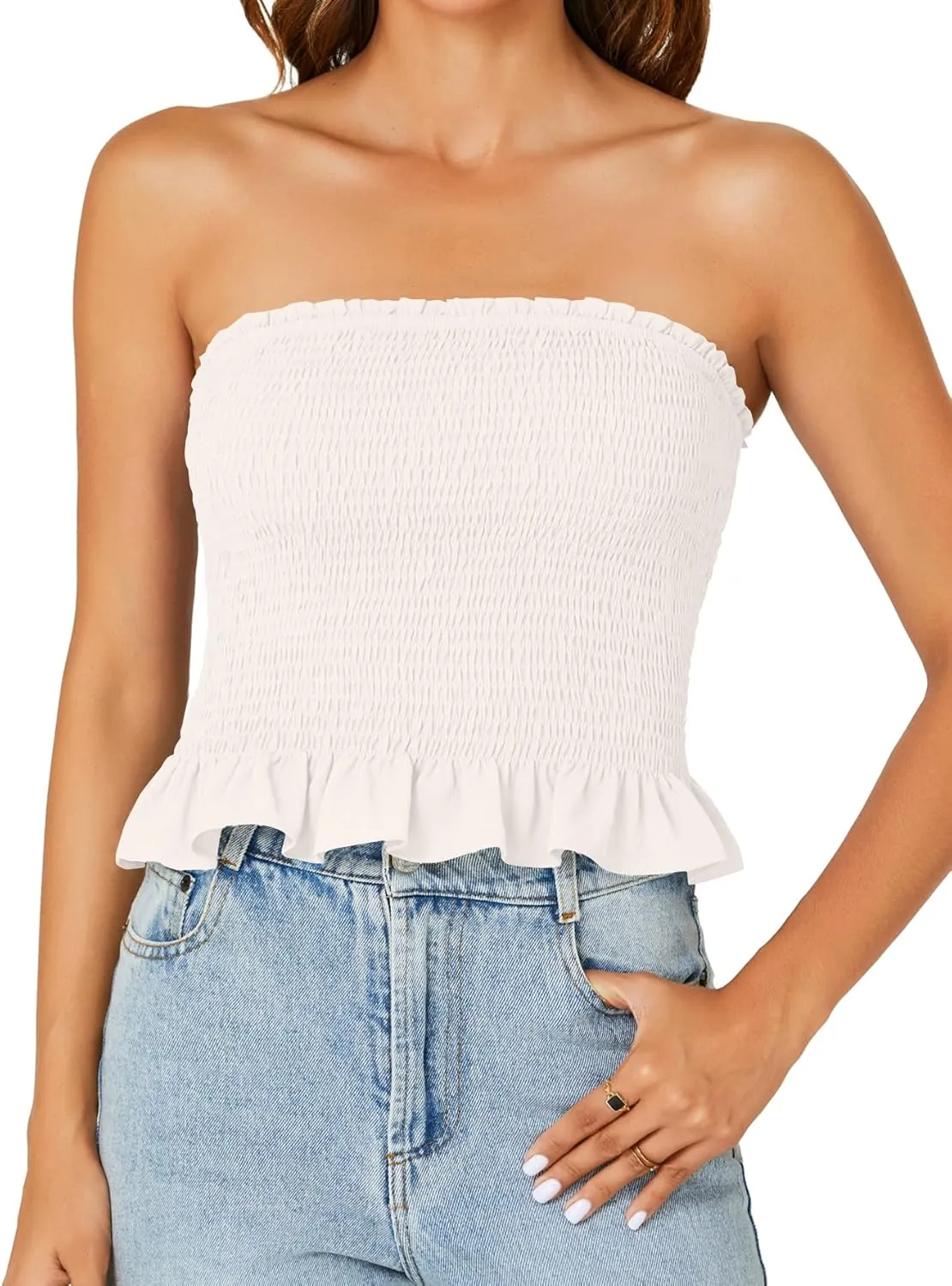 LYANER Women's Smocked Tube Tops Sleeveless Strapless Stretch Bustier Bandeau Crop Top