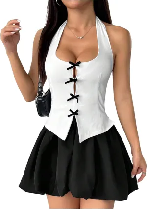 MakeMeChic Women's Bubble Bow Dress Halter Open Back A Line Flare Party Mini Dresses