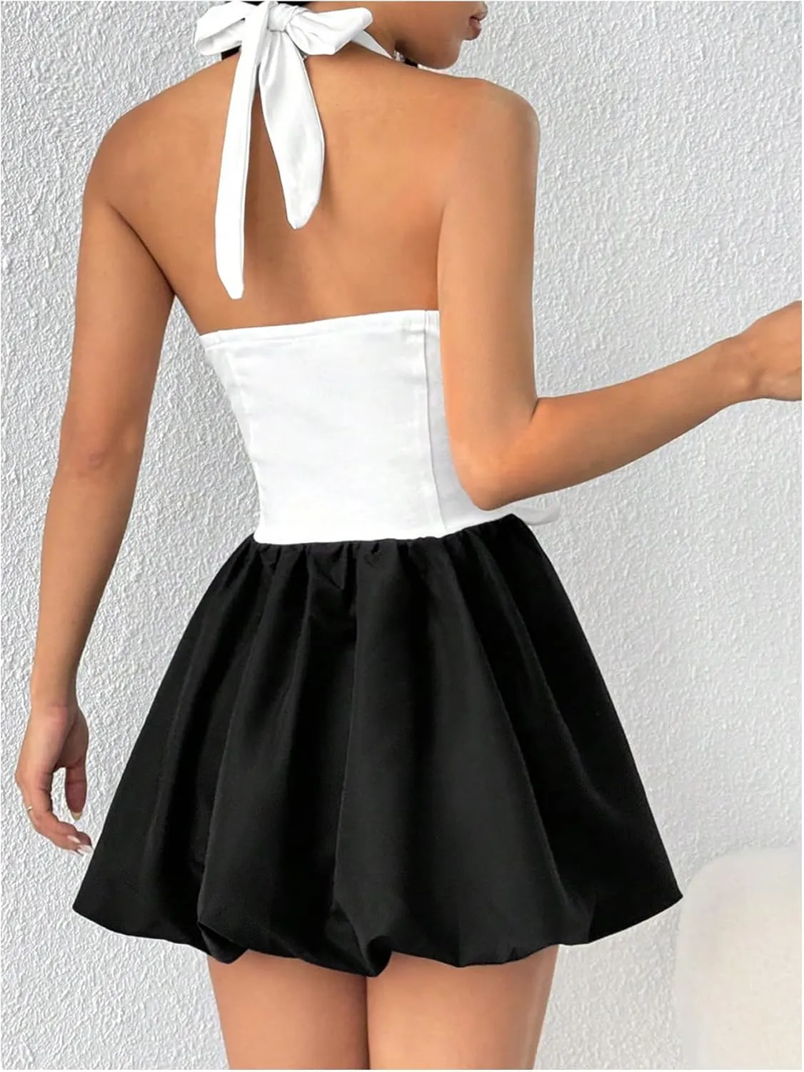 MakeMeChic Women's Bubble Bow Dress Halter Open Back A Line Flare Party Mini Dresses