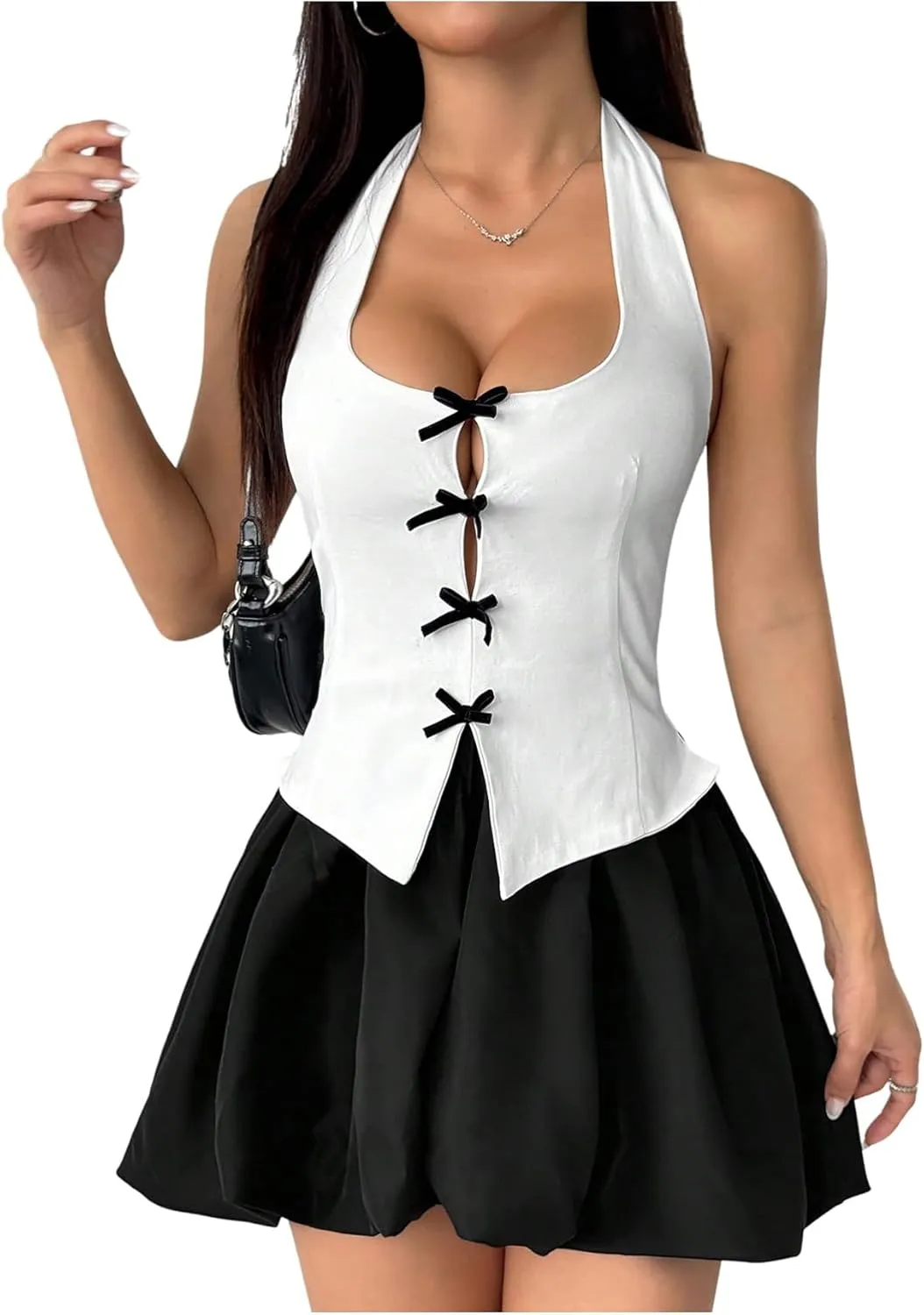 MakeMeChic Women's Bubble Bow Dress Halter Open Back A Line Flare Party Mini Dresses