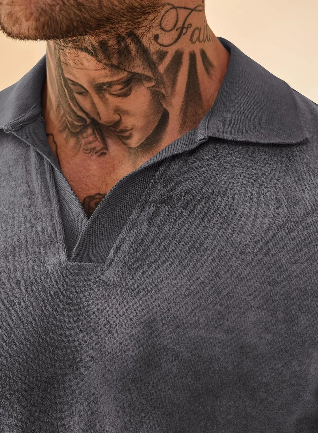 Mens Terry Polo Shirts Johnny Collar Casual Summer Short Sleeve Buttonless Shirt (S-XXL)