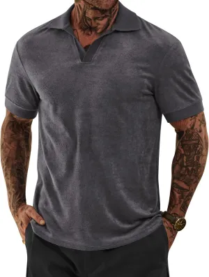 Mens Terry Polo Shirts Johnny Collar Casual Summer Short Sleeve Buttonless Shirt (S-XXL)