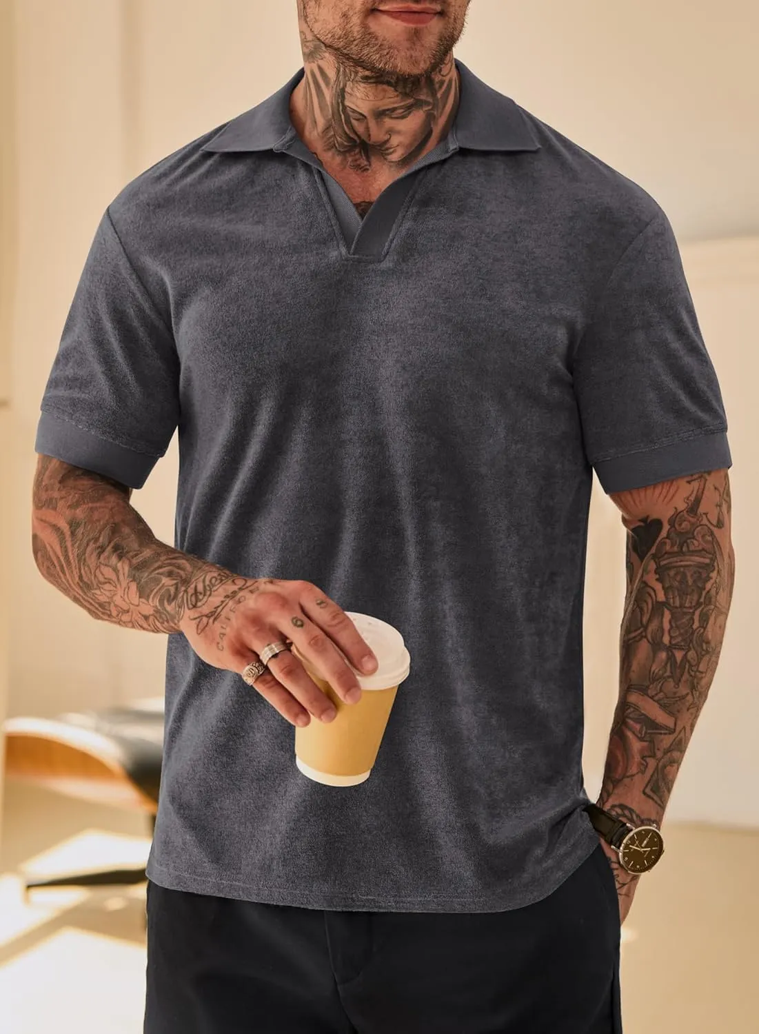 Mens Terry Polo Shirts Johnny Collar Casual Summer Short Sleeve Buttonless Shirt (S-XXL)