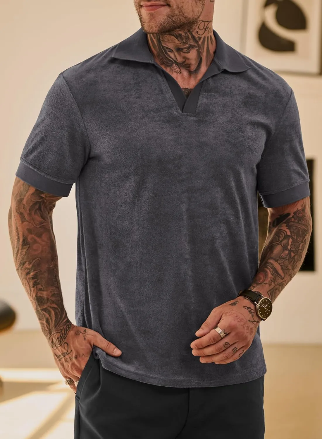 Mens Terry Polo Shirts Johnny Collar Casual Summer Short Sleeve Buttonless Shirt (S-XXL)