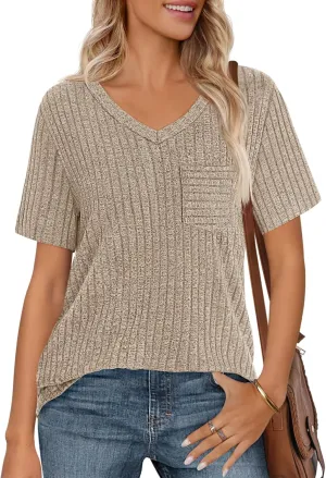 MEROKEETY Women's Short Sleeve V Neck T Shirts 2025 Summer Casual Business Loose Tunic Trendy Tops