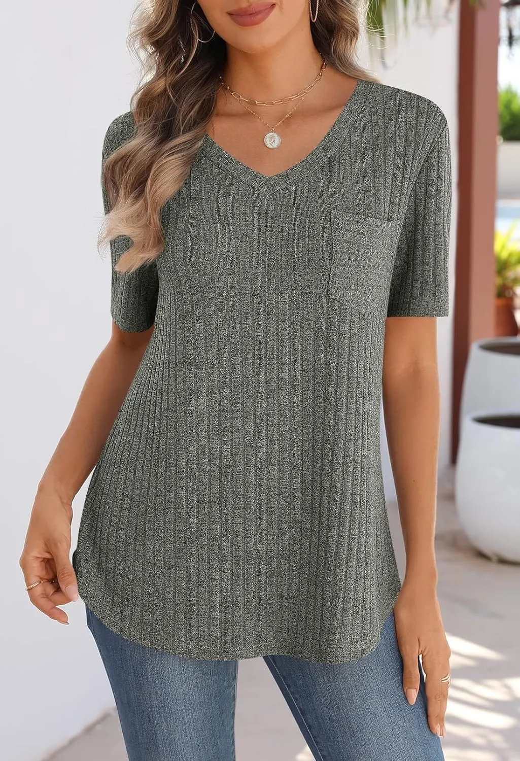 MEROKEETY Women's Short Sleeve V Neck T Shirts 2025 Summer Casual Business Loose Tunic Trendy Tops
