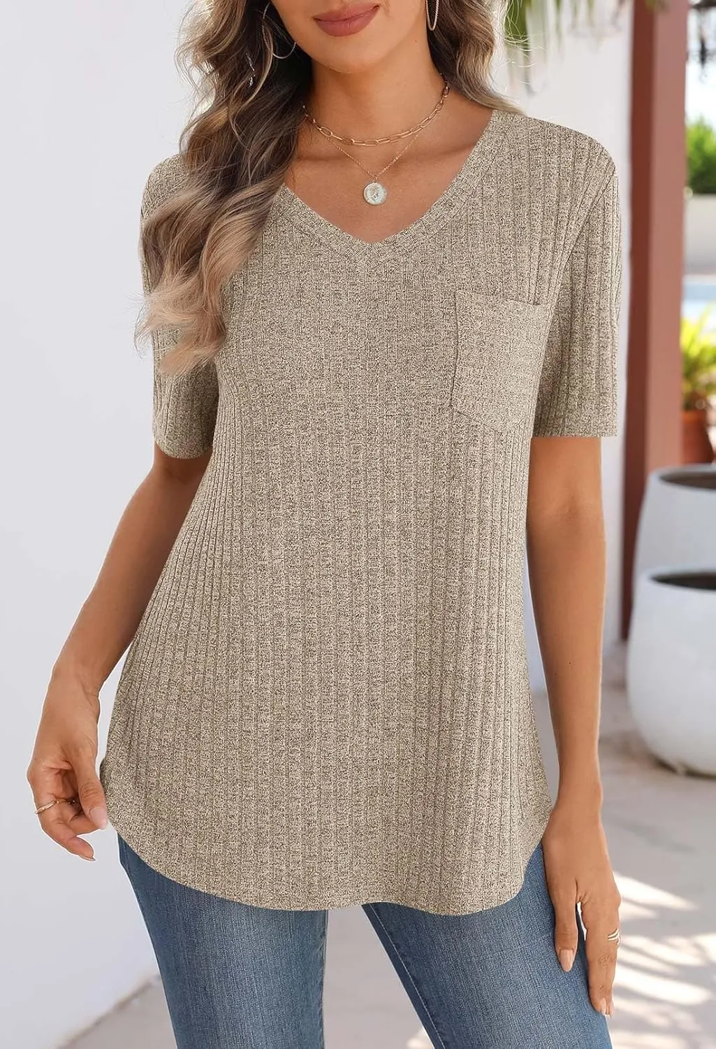 MEROKEETY Women's Short Sleeve V Neck T Shirts 2025 Summer Casual Business Loose Tunic Trendy Tops