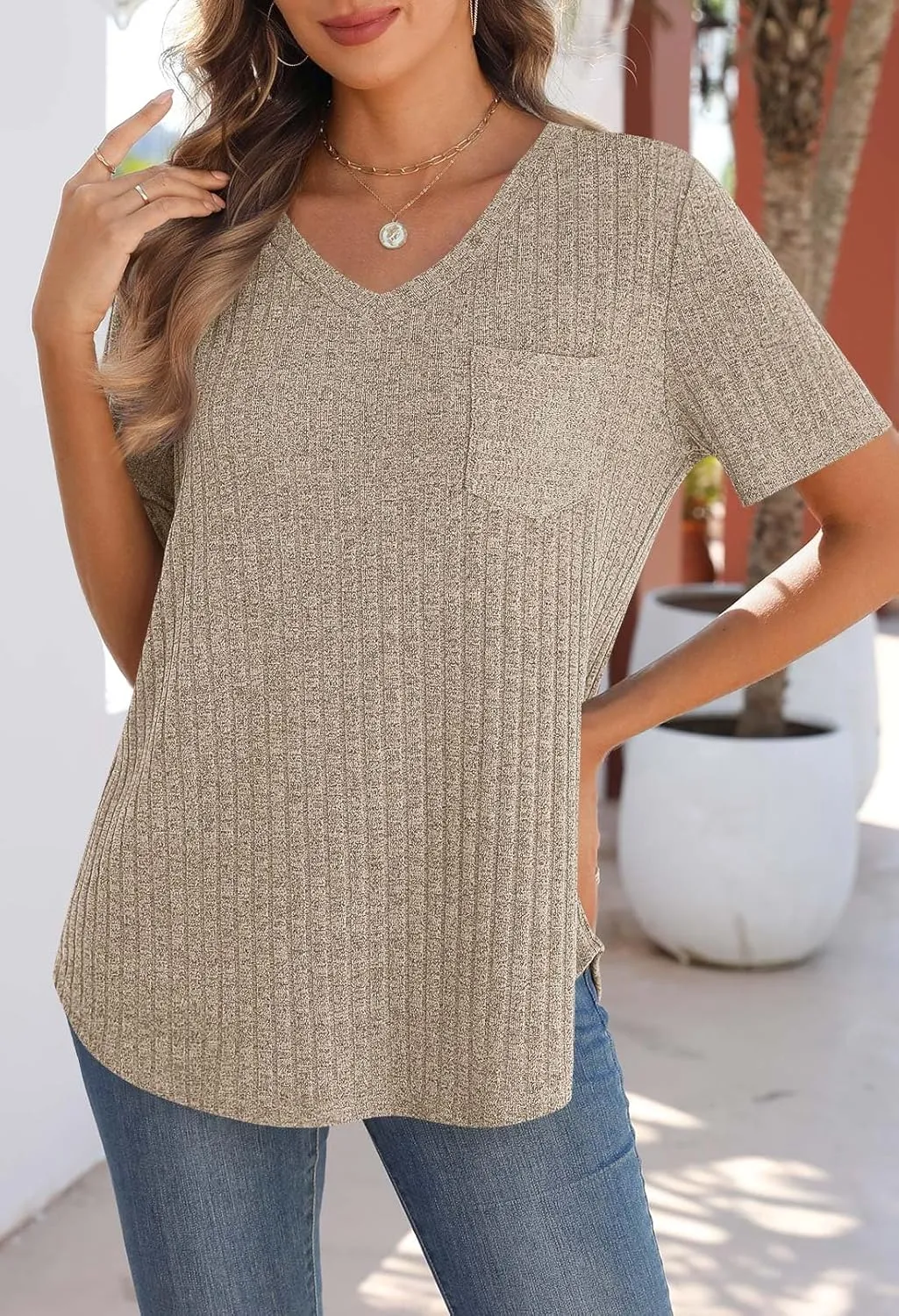 MEROKEETY Women's Short Sleeve V Neck T Shirts 2025 Summer Casual Business Loose Tunic Trendy Tops