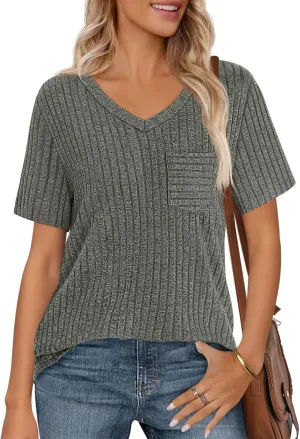 MEROKEETY Women's Short Sleeve V Neck T Shirts 2025 Summer Casual Business Loose Tunic Trendy Tops