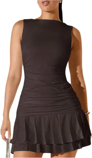 Milumia Women's Tiered Layer Ruched A Line Mini Tank Dress Sleeveless Skater Dresses