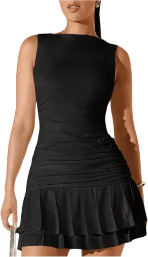 Milumia Women's Tiered Layer Ruched A Line Mini Tank Dress Sleeveless Skater Dresses
