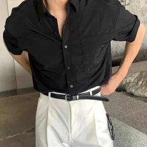 Minimalist Men's Shirts Casual Pocket Turn-down Collar Short Sleeve Single Breasted Droop Male Tops New Stylish 2024 9C6528