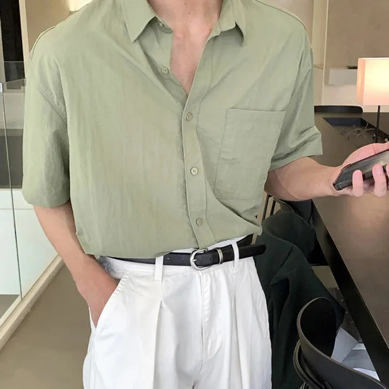 Minimalist Men's Shirts Casual Pocket Turn-down Collar Short Sleeve Single Breasted Droop Male Tops New Stylish 2024 9C6528
