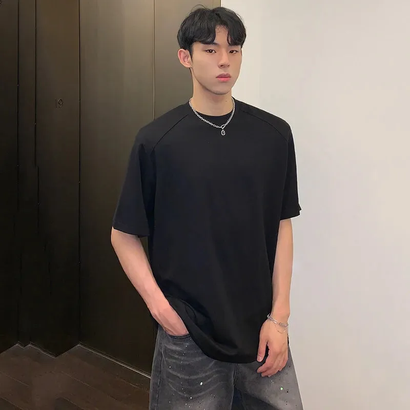 Minimalist Men's T-shirts Casual Shoulder Pads Tops Round Collar Short Sleeve Male Tees Solid Color Loose Menwear 9C6782