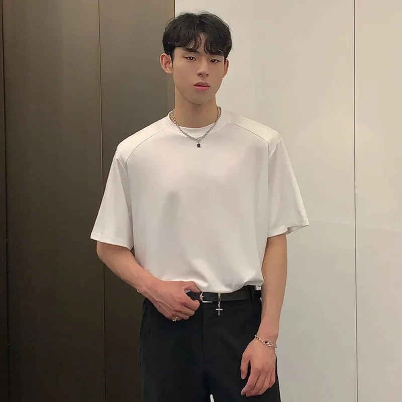Minimalist Men's T-shirts Casual Shoulder Pads Tops Round Collar Short Sleeve Male Tees Solid Color Loose Menwear 9C6782