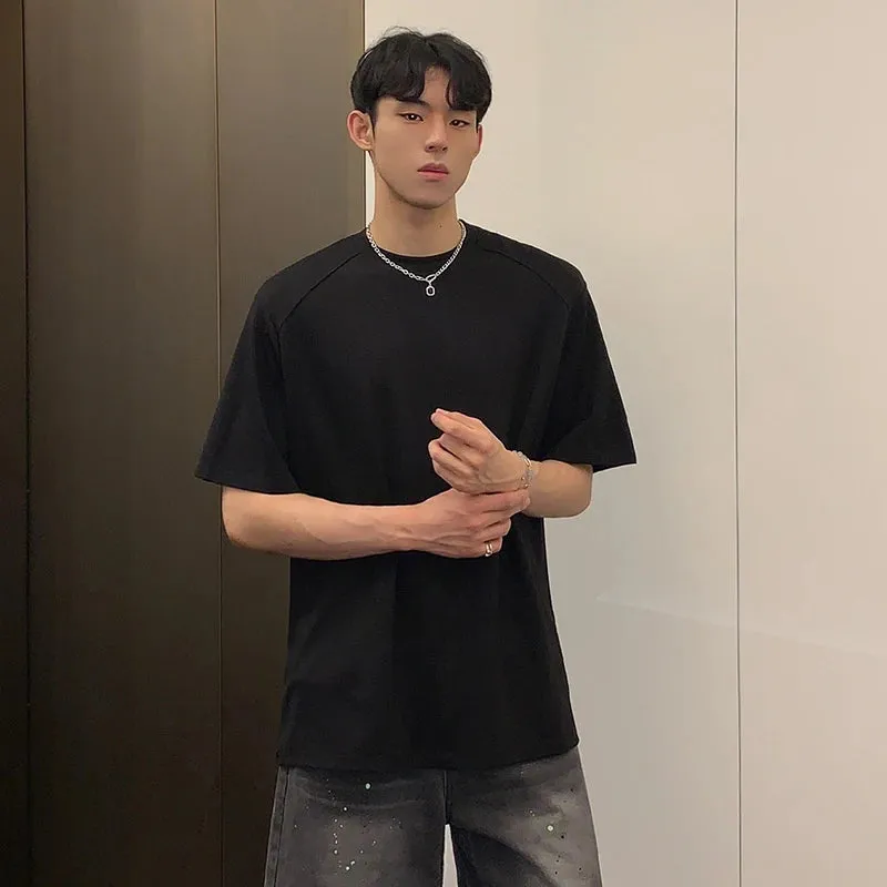 Minimalist Men's T-shirts Casual Shoulder Pads Tops Round Collar Short Sleeve Male Tees Solid Color Loose Menwear 9C6782
