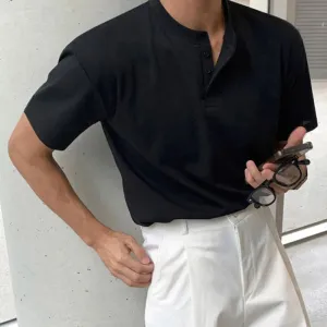 Minimalist New Summer Men's T-shirts Loose Round Neck Short Sleeve Buttons Solid Color Casual Male Tees Fashion 9C6495