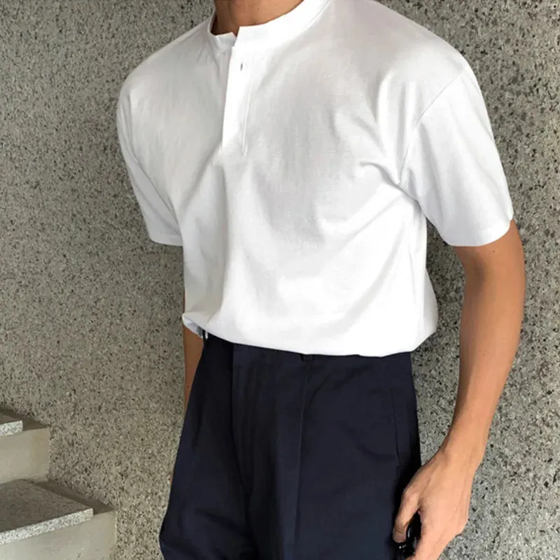 Minimalist New Summer Men's T-shirts Loose Round Neck Short Sleeve Buttons Solid Color Casual Male Tees Fashion 9C6495