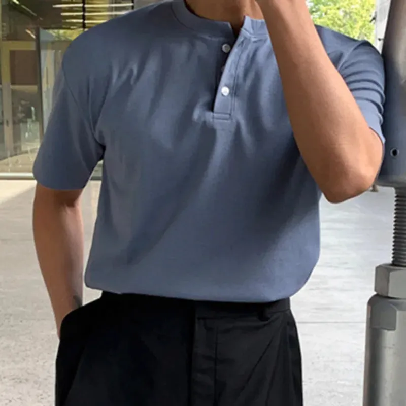 Minimalist New Summer Men's T-shirts Loose Round Neck Short Sleeve Buttons Solid Color Casual Male Tees Fashion 9C6495