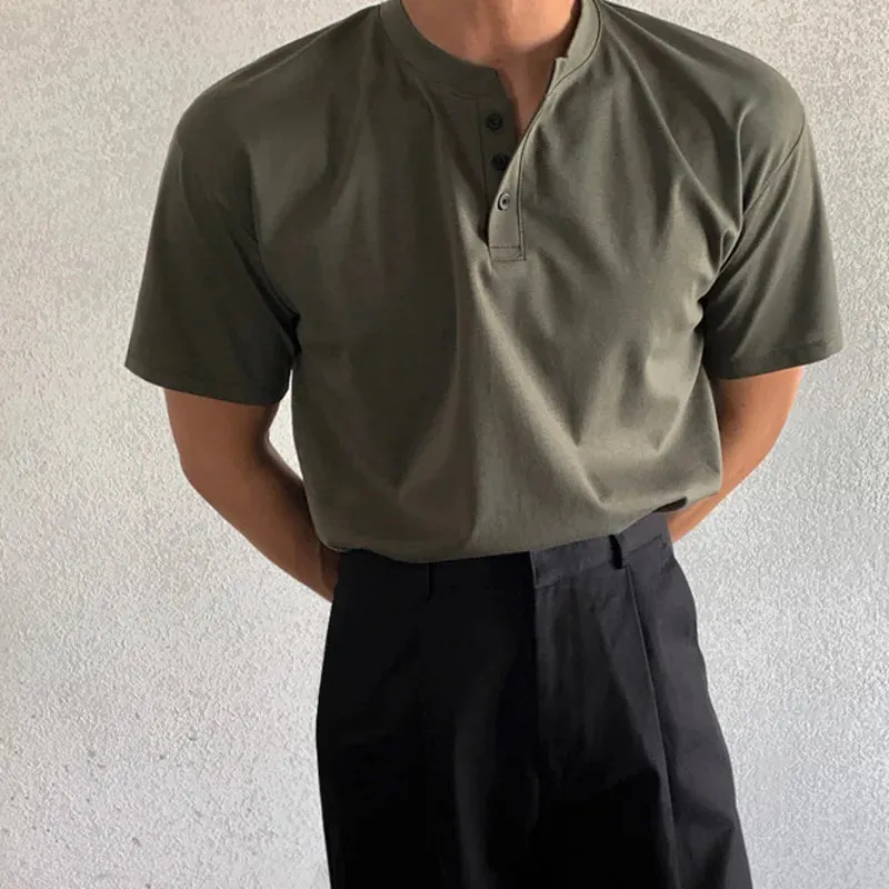 Minimalist New Summer Men's T-shirts Loose Round Neck Short Sleeve Buttons Solid Color Casual Male Tees Fashion 9C6495