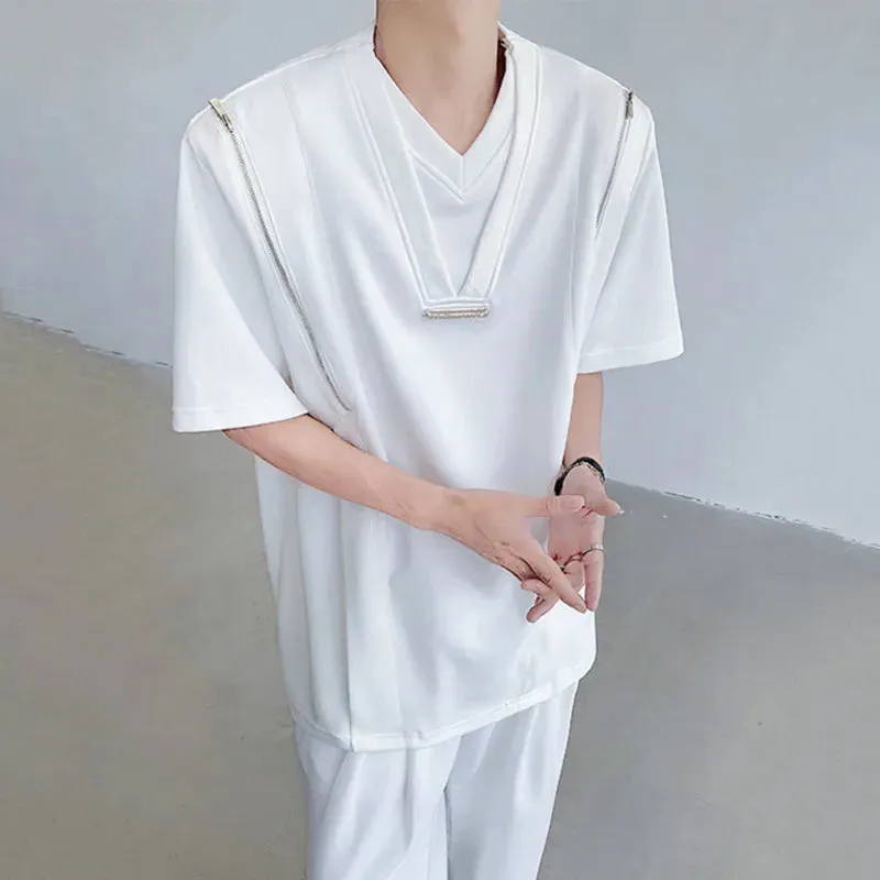 Minimalist Solid Color Men's T-shirts Round Neck Short Sleeve Loose Tops Zippers Male Casual Tees Chic Summer 6147