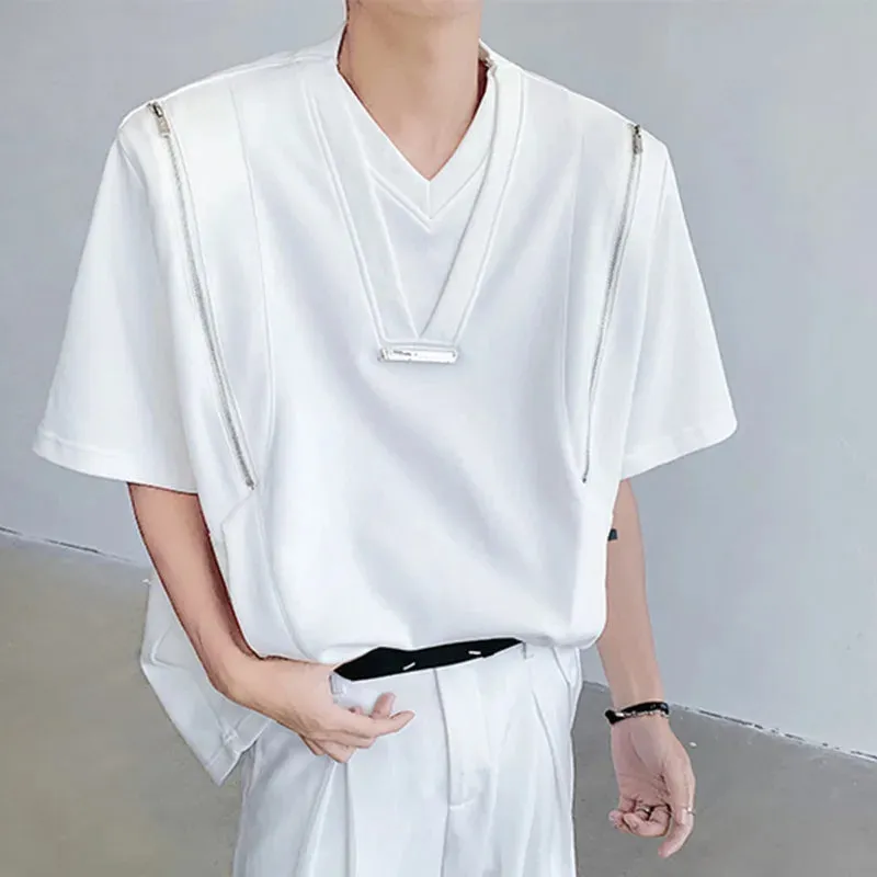 Minimalist Solid Color Men's T-shirts Round Neck Short Sleeve Loose Tops Zippers Male Casual Tees Chic Summer 6147