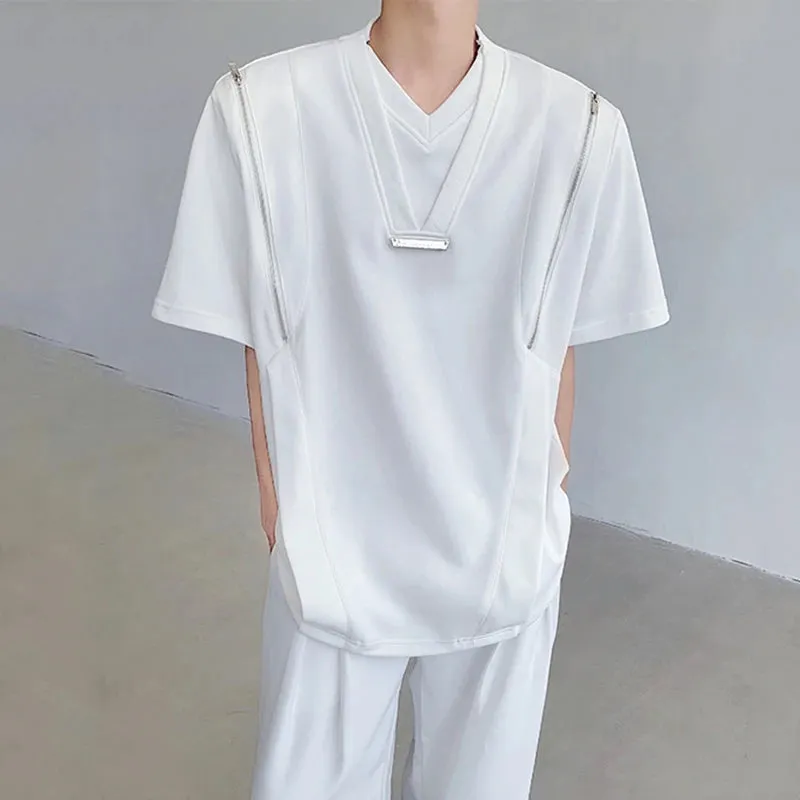 Minimalist Solid Color Men's T-shirts Round Neck Short Sleeve Loose Tops Zippers Male Casual Tees Chic Summer 6147