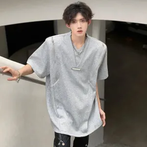 Minimalist Solid Color Men's T-shirts Round Neck Short Sleeve Loose Tops Zippers Male Casual Tees Chic Summer 6147