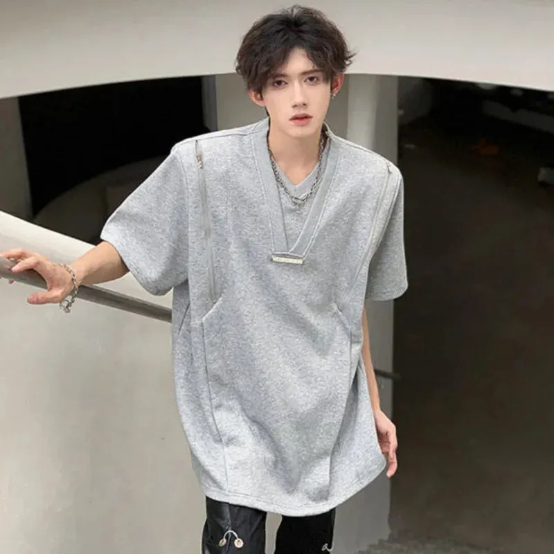 Minimalist Solid Color Men's T-shirts Round Neck Short Sleeve Loose Tops Zippers Male Casual Tees Chic Summer 6147