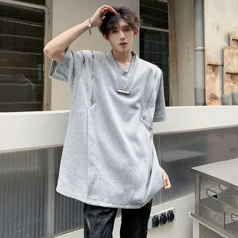 Minimalist Solid Color Men's T-shirts Round Neck Short Sleeve Loose Tops Zippers Male Casual Tees Chic Summer 6147
