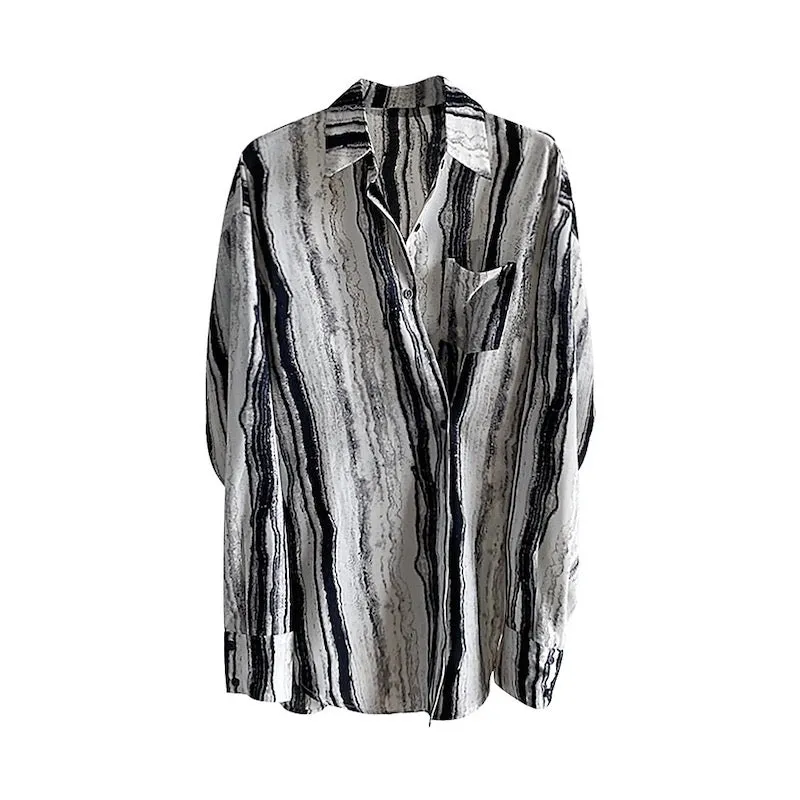 Niche Artistic Ink Smudge Shirt Loose Spring and Autumn Oblique Button-Up Top