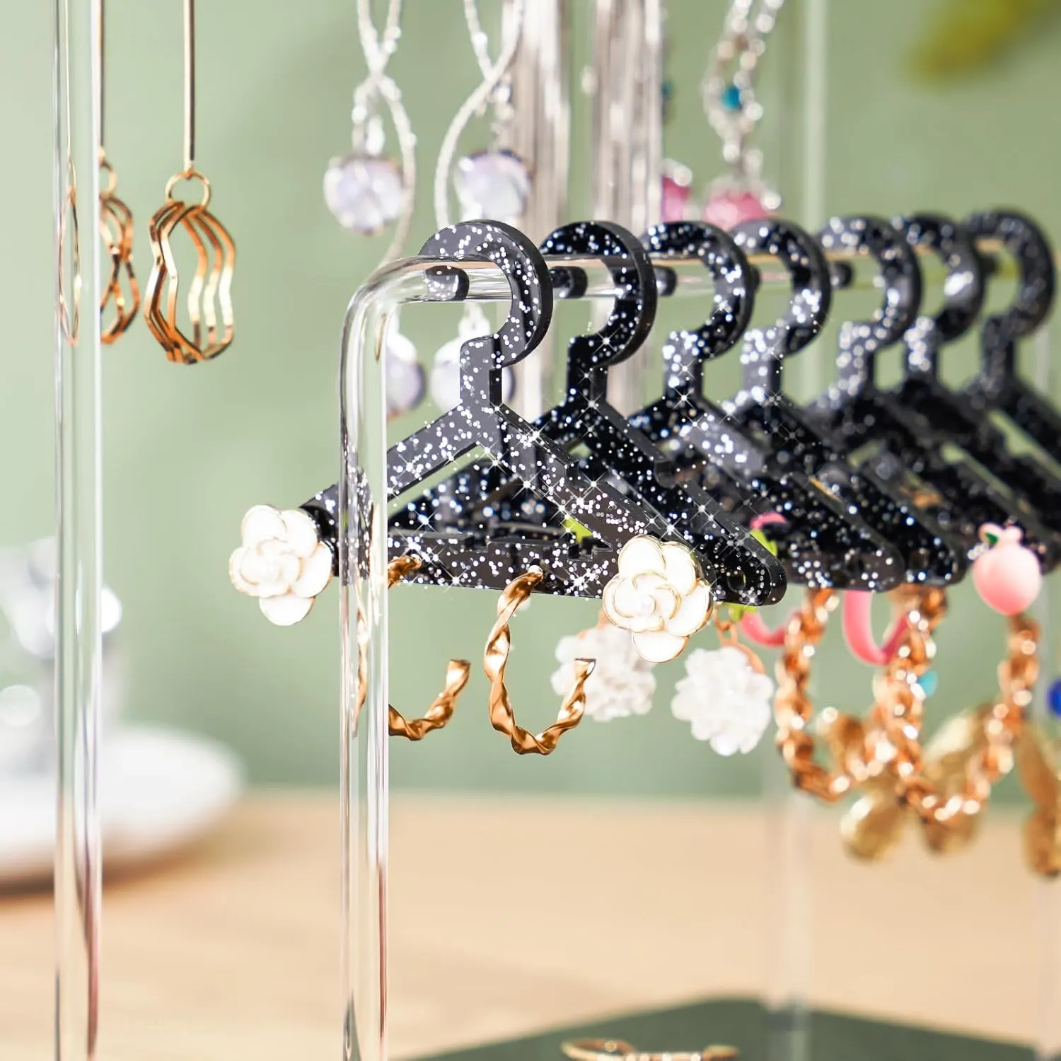 NiHome Glitter Acrylic Earring Holder with Unique Double-Tiered Design, Miniature Clothing Hangers with Spacious Storage for 48 Pairs, Mirror-Finish Display for Home Vanity & Retail Showrooms (Black)
