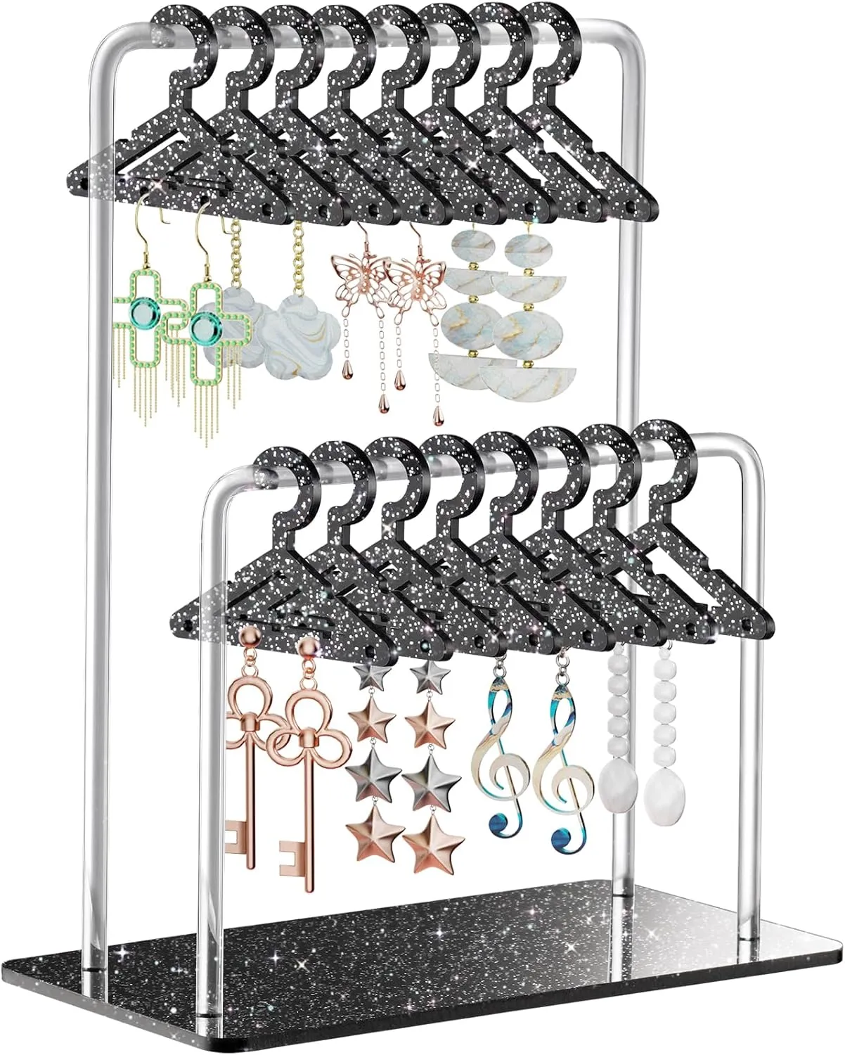 NiHome Glitter Acrylic Earring Holder with Unique Double-Tiered Design, Miniature Clothing Hangers with Spacious Storage for 48 Pairs, Mirror-Finish Display for Home Vanity & Retail Showrooms (Black)