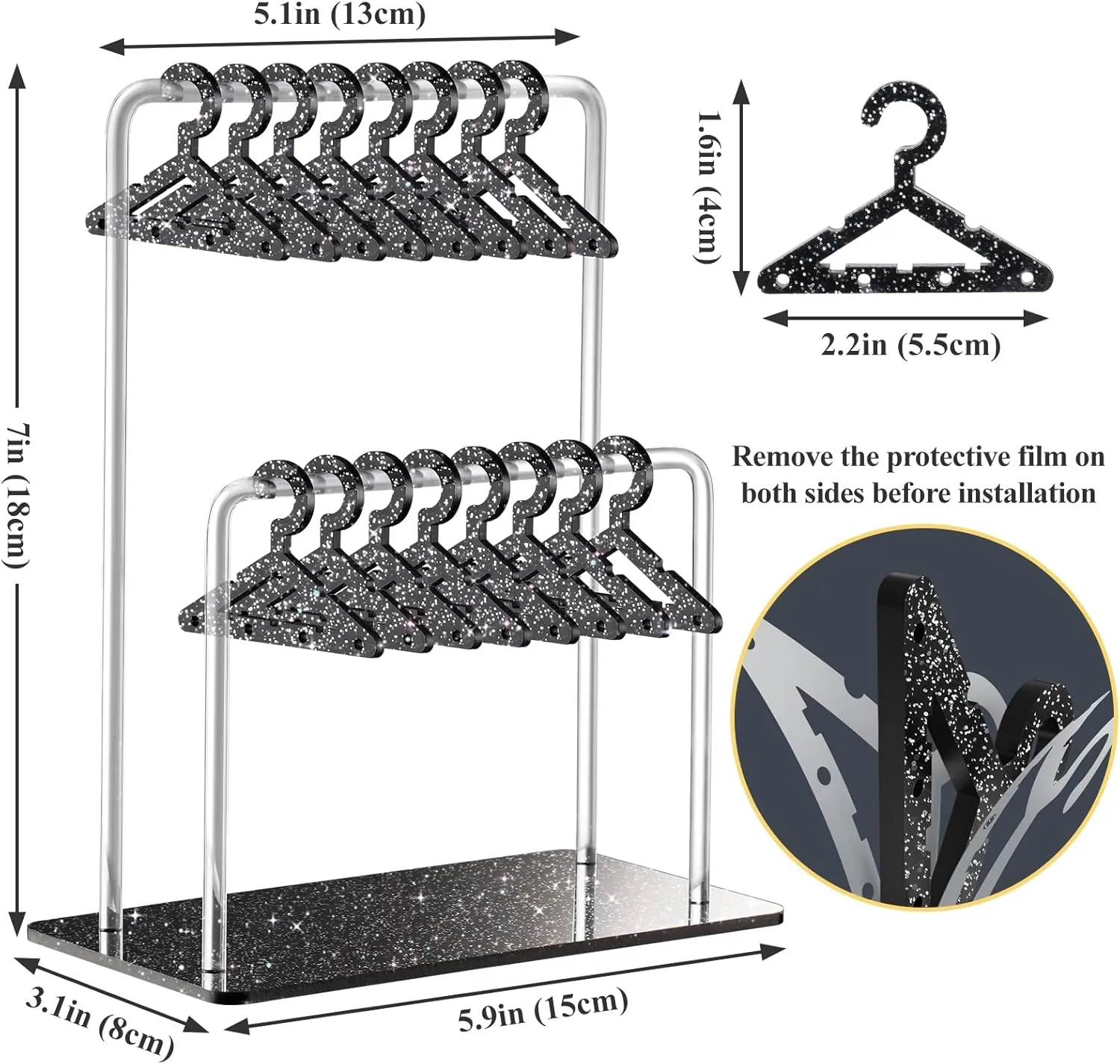 NiHome Glitter Acrylic Earring Holder with Unique Double-Tiered Design, Miniature Clothing Hangers with Spacious Storage for 48 Pairs, Mirror-Finish Display for Home Vanity & Retail Showrooms (Black)