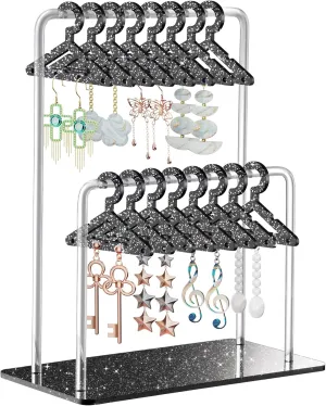 NiHome Glitter Acrylic Earring Holder with Unique Double-Tiered Design, Miniature Clothing Hangers with Spacious Storage for 48 Pairs, Mirror-Finish Display for Home Vanity & Retail Showrooms (Black)